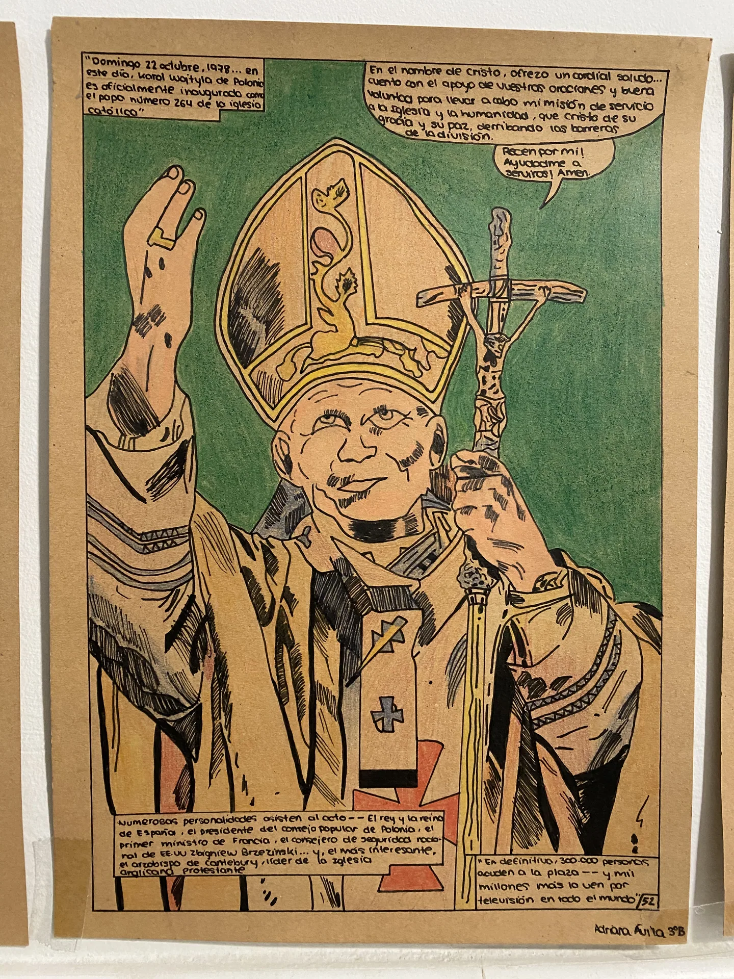 Ilustración de san Juan Pablo II realizada por los alumnos del colegio