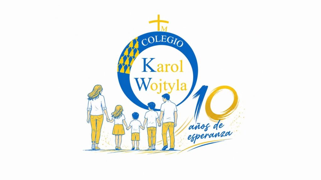 Logotipo conmemorativo de los 10 años del Colegio Karol Wojtyla: una familia camina de la mano junto al lema «10 años de esperanza»